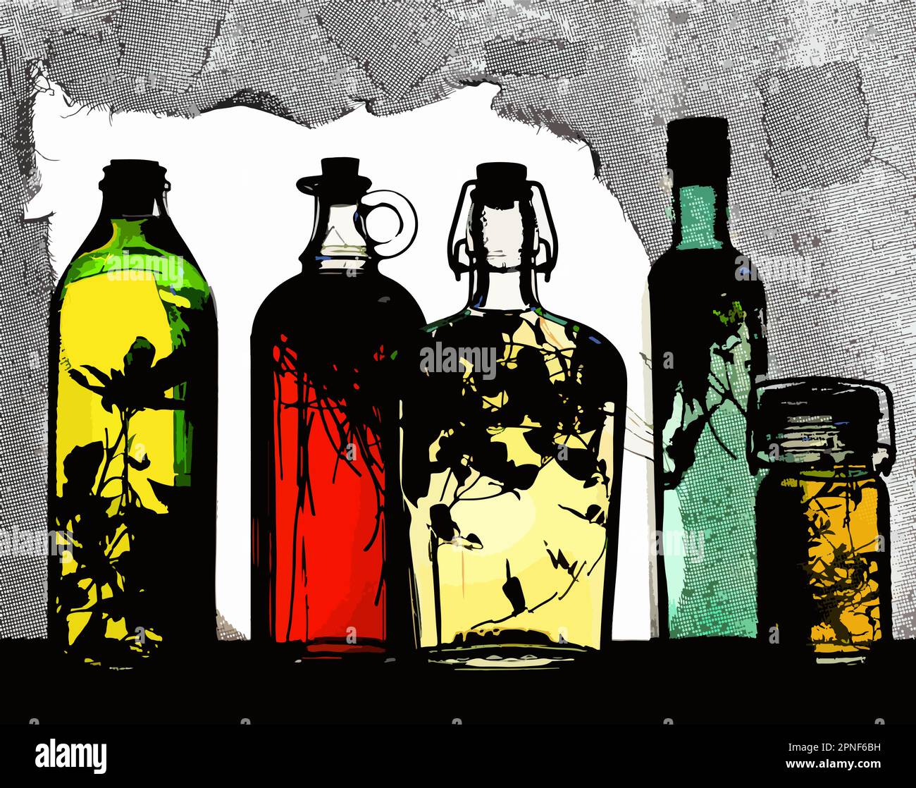 Herb flavored vinegars in bottles are seen with a tattered window