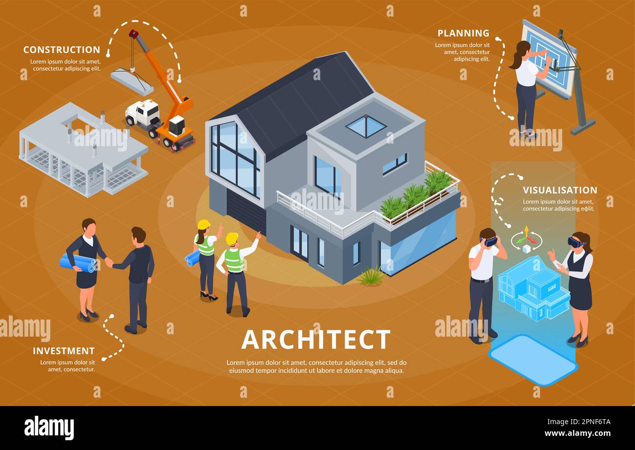 Architect construction engineer isometric background with editable text and compositions of investment planning and visualization processes vector ill Stock Vector