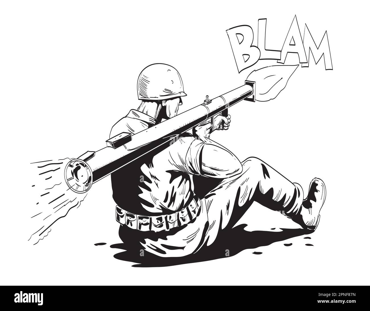 Comics style drawing or illustration of a World War Two American GI soldier firing bazooka or stovepipe viewed from rear on isolated background in bla Stock Photo