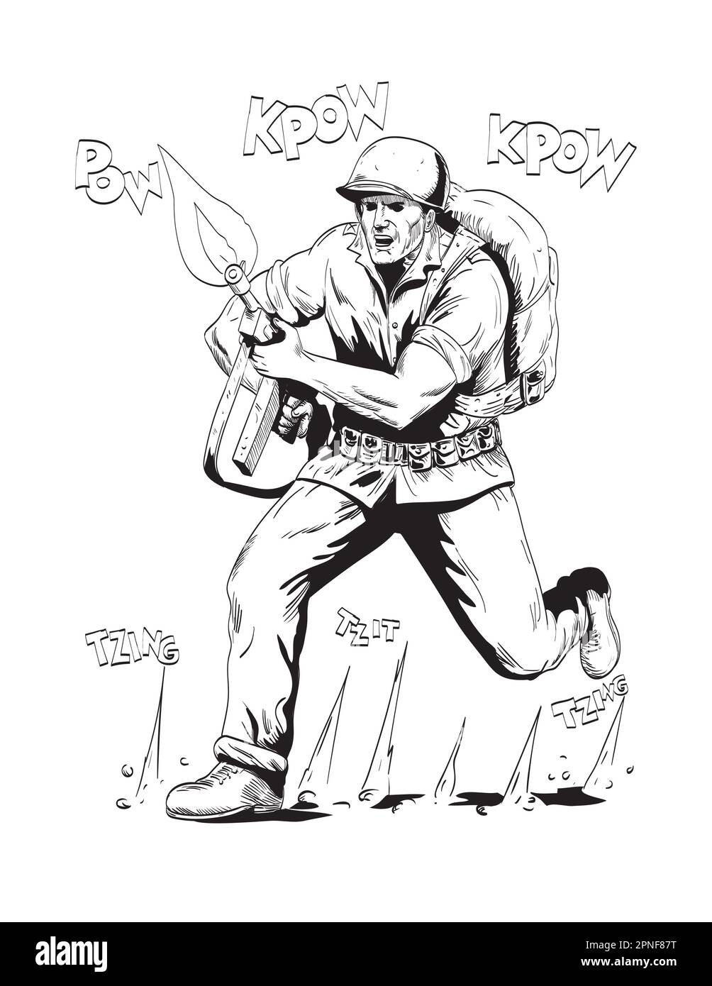 Comics style drawing or illustration of a World War Two American GI soldier with rifle running towards front on isolated background done in black and Stock Photo