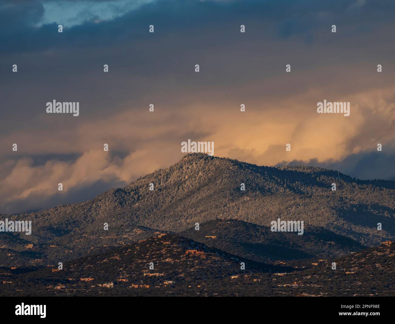 United States, New Mexico, Santa Fe, Light snow on Sangre se Cristo Mountains Stock Photo