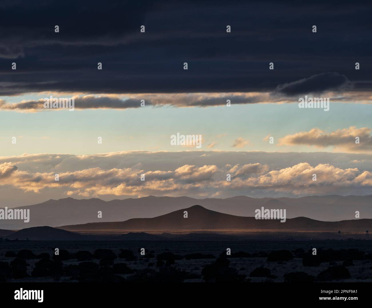 United States, New Mexico, Santa Fe, Moody sky over High desert Stock