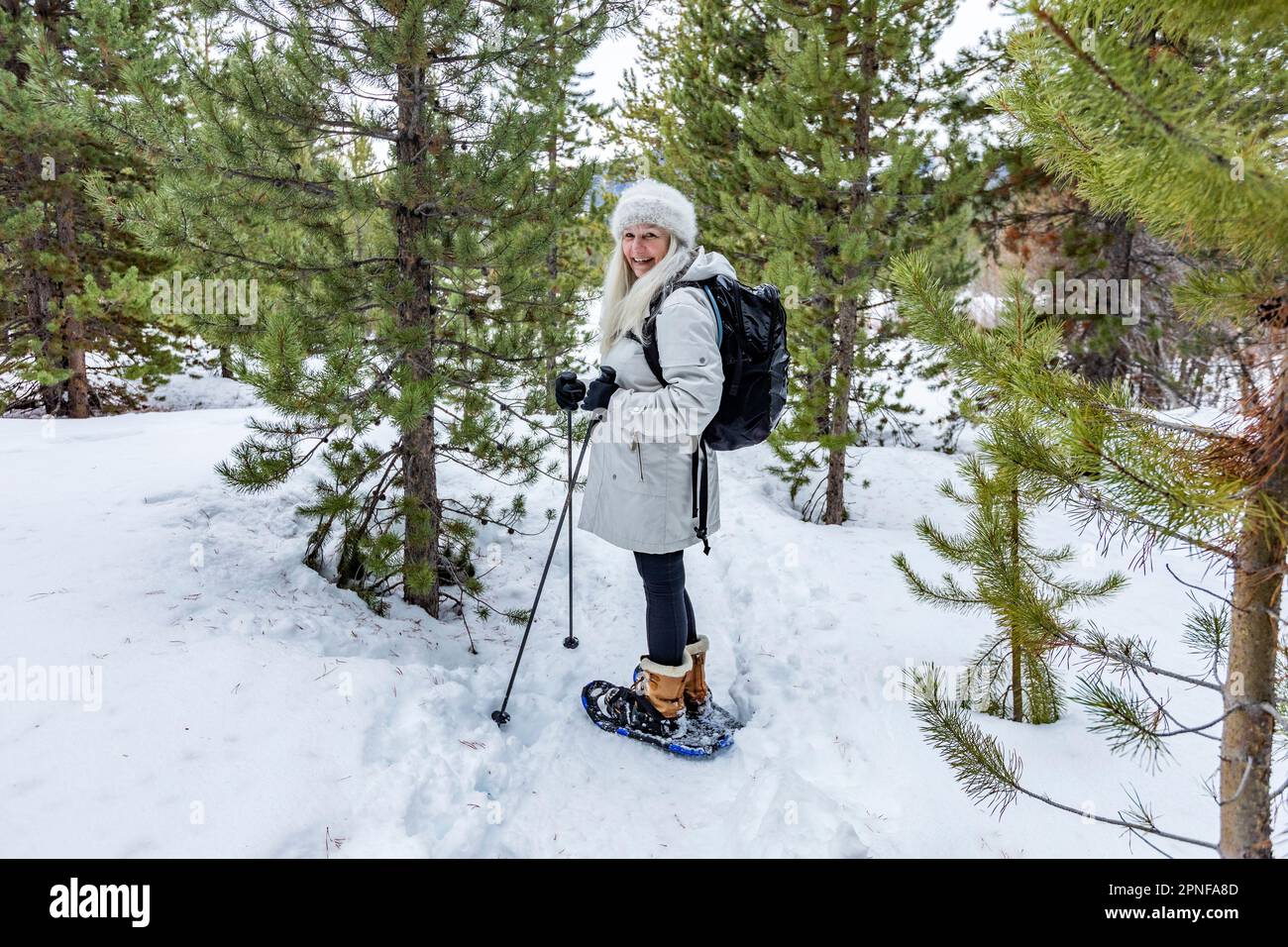 United States, Idaho, Sun Valley, Senior woman wearing snowshoes in forest Stock Photo