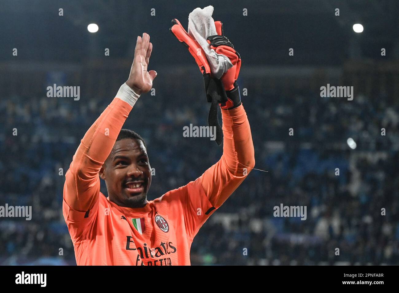 Naples, Italy. April 2023, Mike Maignan of AC Milan celebrating after ...