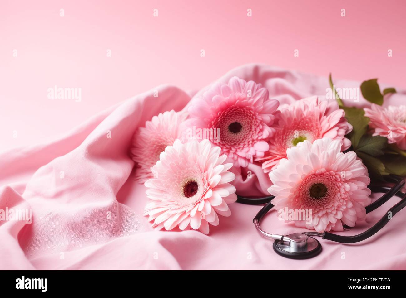 Cute bouquet of flowers, medical stethoscope, pink background. Festive composition for Doctor's Nurse's Day Stock Photo