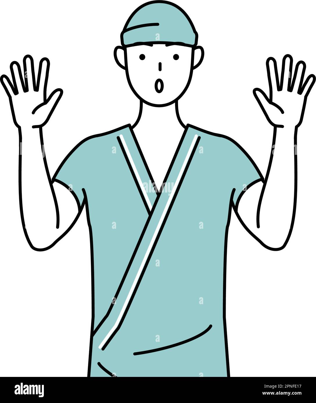 Male admitted patient in hospital gown raising his hand in surprise