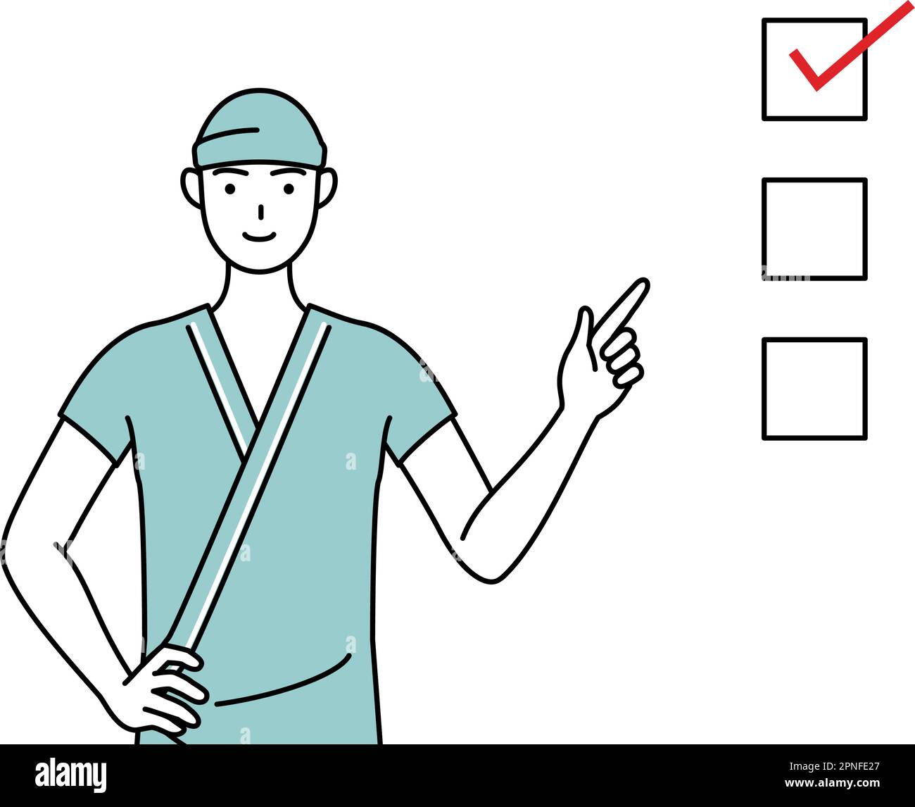 Male admitted patient in hospital gown pointing to a checklist, Vector