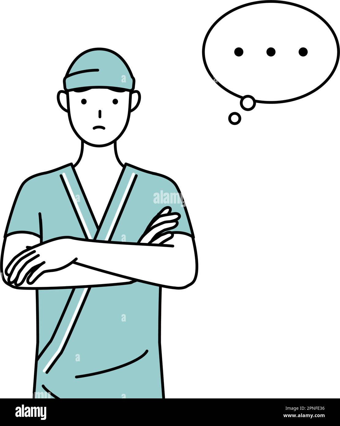 Male admitted patient in hospital gown with crossed arms, deep in