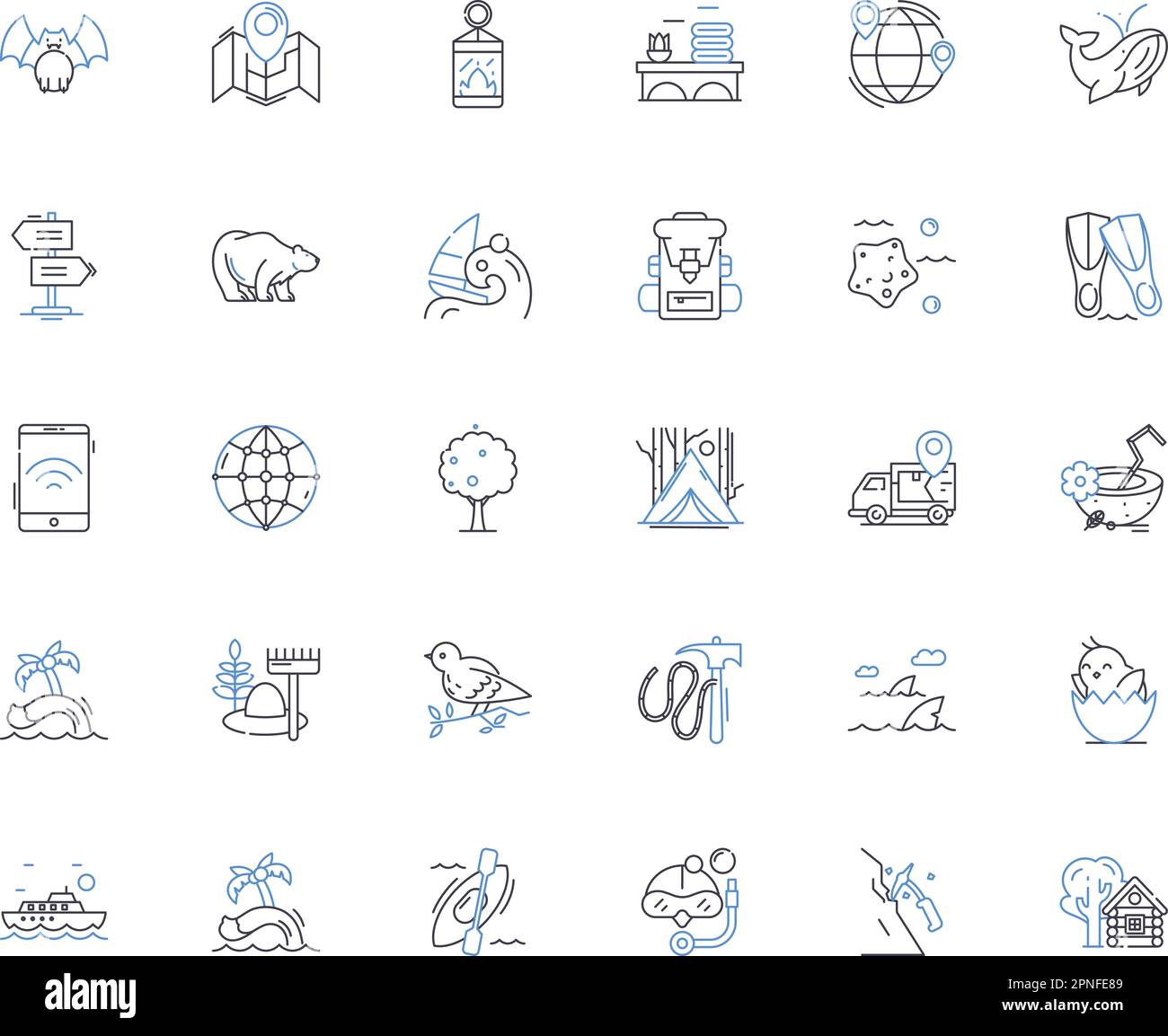 Mountain hike line icons collection. Trek, Summit, Ascent, Altitude, Backpack, Trail, Scenic vector and linear illustration. Challenge,Adventure Stock Vector
