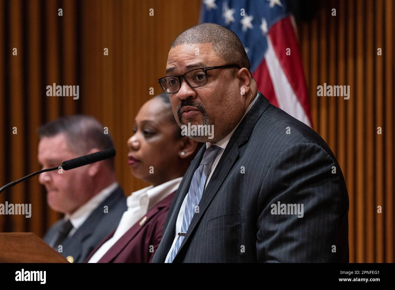 Manhattan DA Alvin Bragg speaks during briefing on arrest of suspects ...