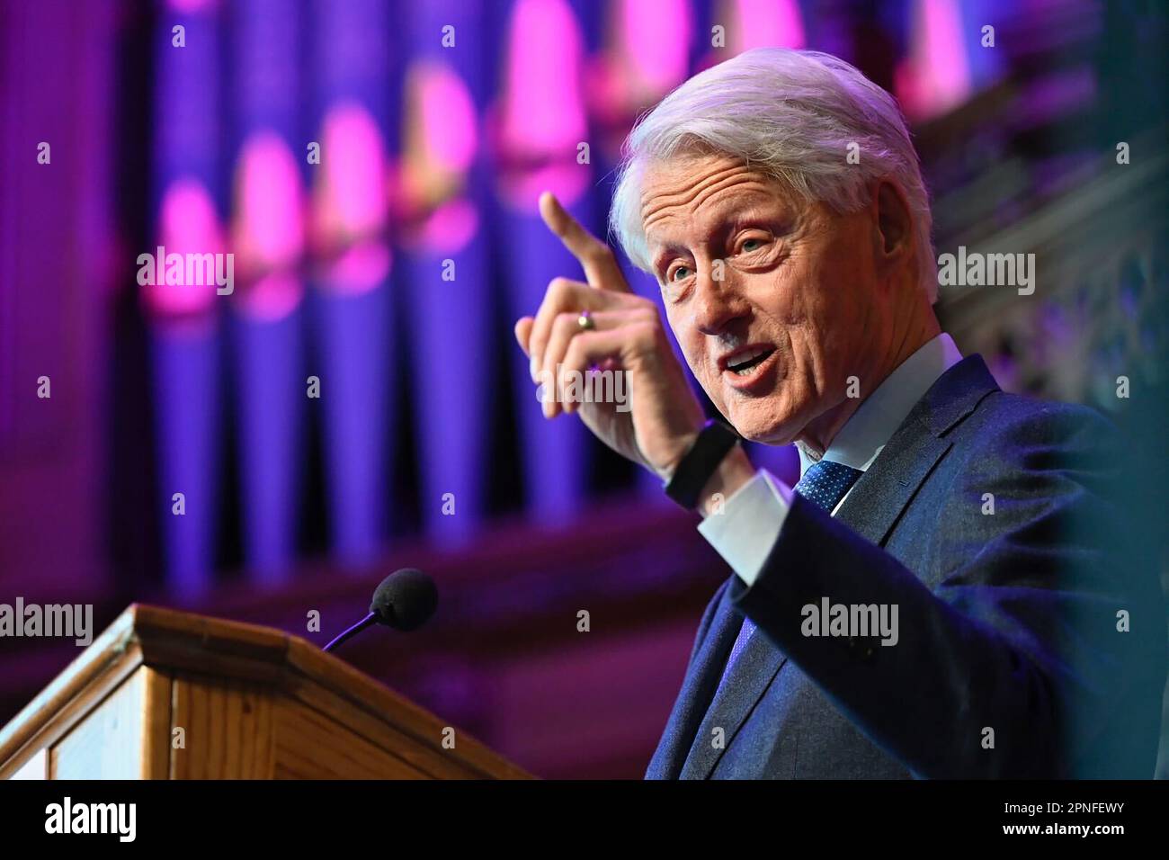 Londonderry, Northern Ireland. 18th Apr, 2023. Former US president Bill Clinton addresses an audience in Londonderry marking the 25th anniversary of the Belfast/Good Friday Agreement during the John and Pat Hume Foundation's "Making Hope and History Rhyme" event at Guild Hall, Londonderry, Northern Ireland, Tuesday April 18, 2023. Photo by Hume Foundation/UPI Credit: UPI/Alamy Live News Stock Photo