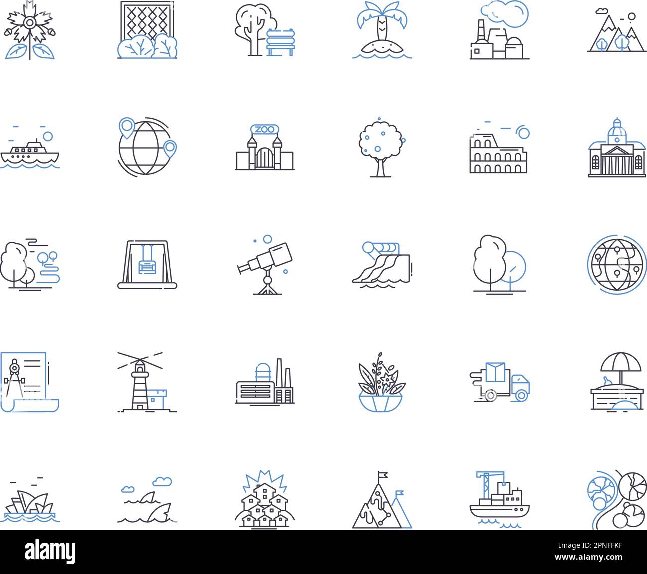 Mountain outlook line icons collection. Majestic, Serenity, Tranquility, Panorama, Breathtaking, Scenic, Verdant vector and linear illustration Stock Vector