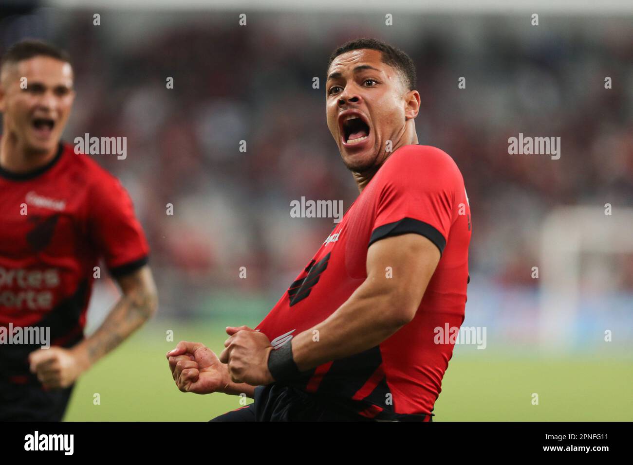 Curitiba, Brazil. 18th Apr, 2023. VITOR ROQUE of Atlhetico celebrates his goal during the 2023 Copa Libertadores match against AtleticoMG at Arena da Baixada in Curitiba on Tuesday. (Credit Image: © Geraldo Bubniak/ZUMA Press Wire) EDITORIAL USAGE ONLY! Not for Commercial USAGE! Stock Photo