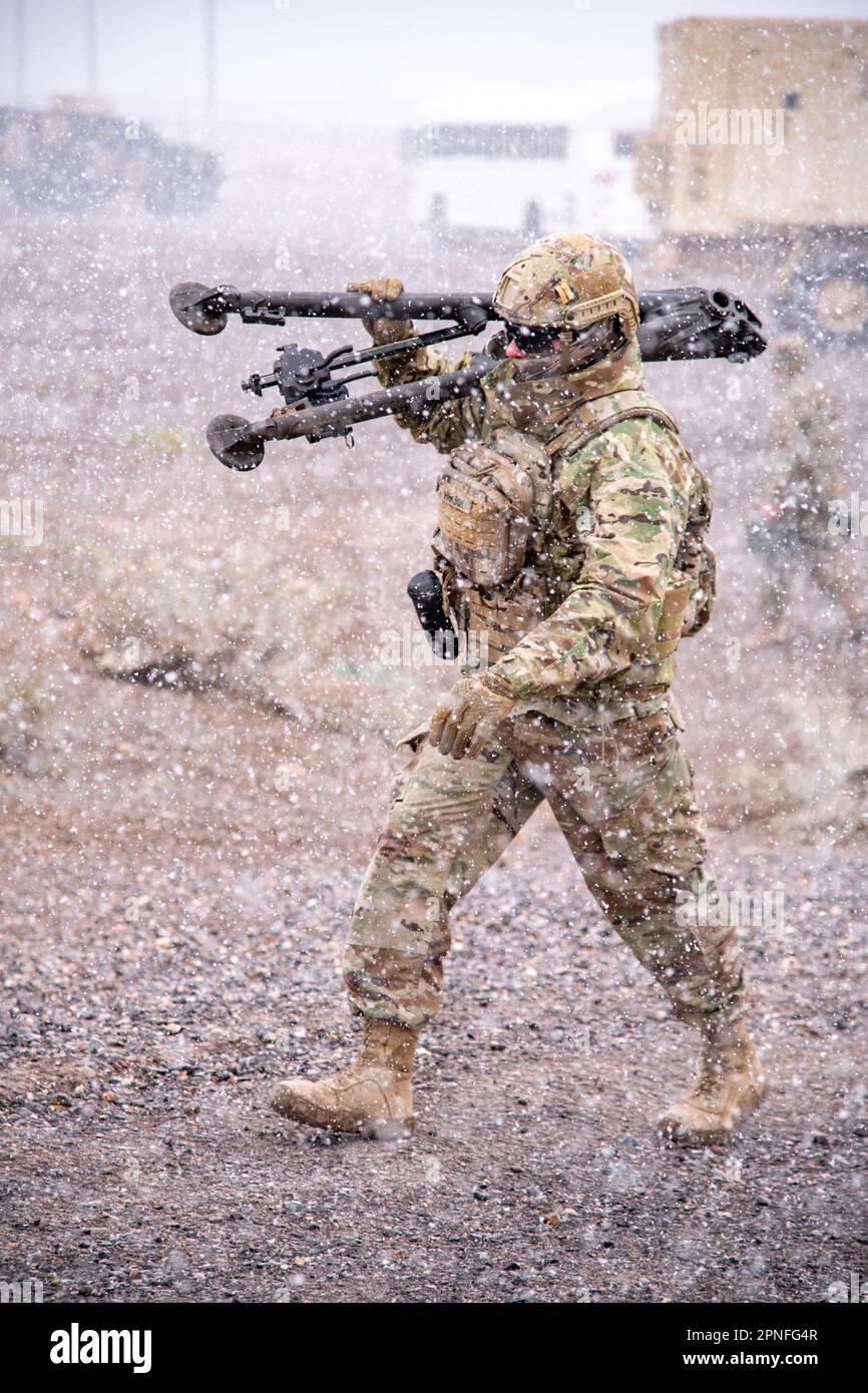 Soldiers with the 115th Maintenance Company, Utah National Guard, experienced all types of weather during machine gun familiarization on April 14, 2023, at Camp Williams, Utah. Weapons training and qualification played a critical part in the 97th Troop Command’s field training exercise this year. Stock Photo