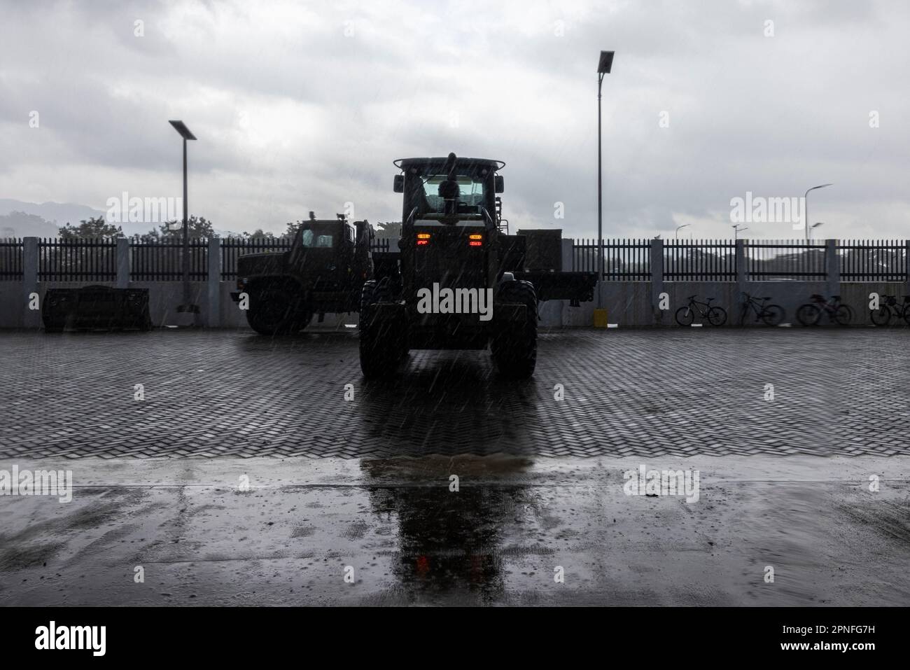A U.S. Marine with 3rd Landing Support Battalion, operates a forklift during combined joint logistics over-the-shore operations in preparation for Balikatan 23 at Camp Agnew, Casiguran, Philippines, April 13, 2023. A combined force of logisticians and support personnel from the Armed Forces of the Philippines and the U.S. military are planning and executing a combined joint logistics over-the-shore event during Balikatan 2023, the annual bilateral exercise between the two Allies. This complex process increases their mutual proficiency in supplying forces ashore in an expeditionary environment. Stock Photo