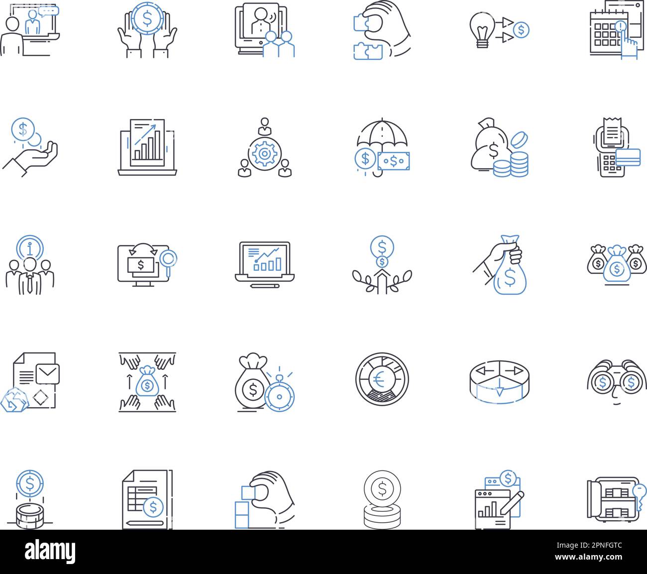 Fiscal counseling line icons collection. Budgeting, Debt, Finances, Income, Investment, Management, Expenses vector and linear illustration. Advice Stock Vector