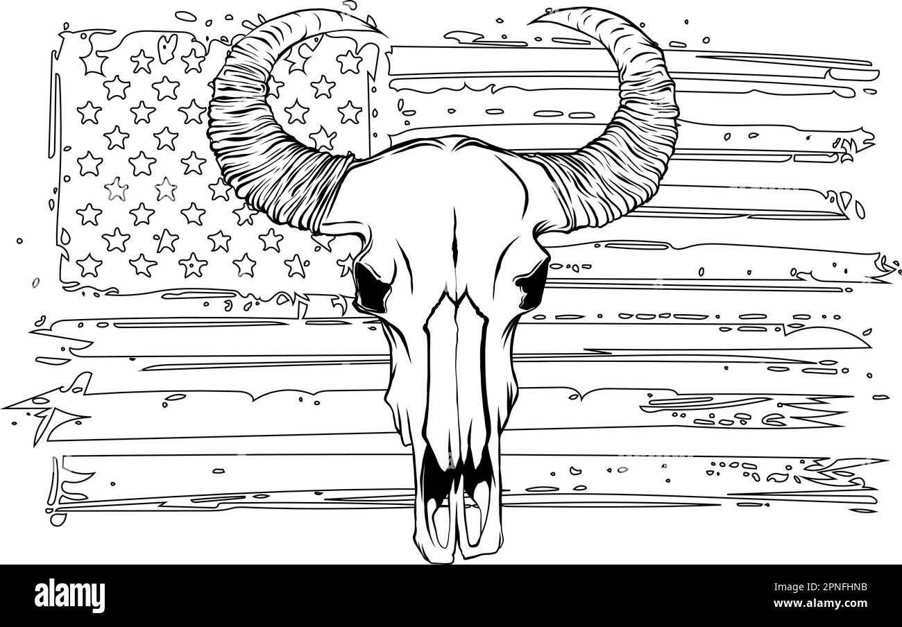 Illustration of buffalo skull in monochrome style. Design element for