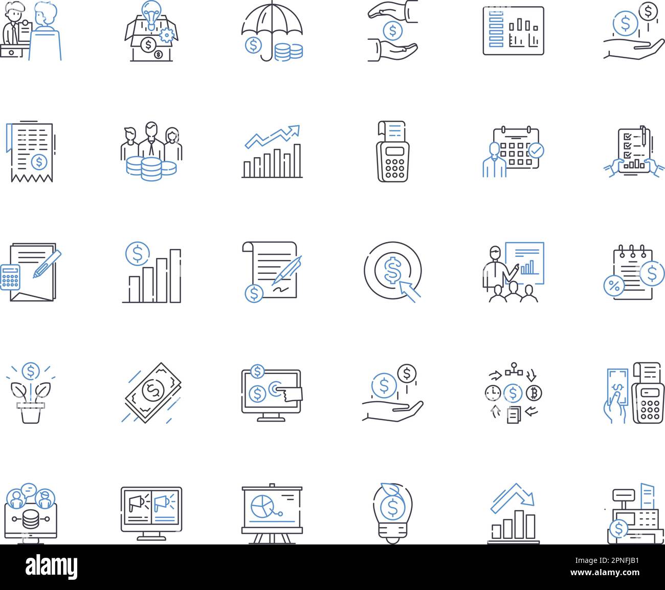 Economic management line icons collection. Budgeting, Forecasting, Accounting, Investment, Inflation, Taxation, Policy vector and linear illustration Stock Vector
