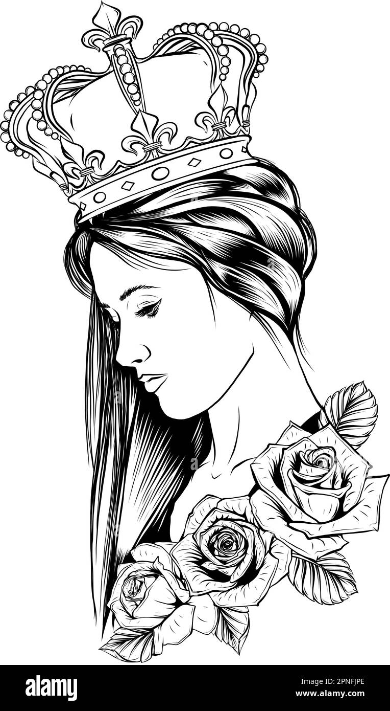 Vintage concept of pretty woman with crown pendant in monochrome style isolated vector illustration Stock Vector