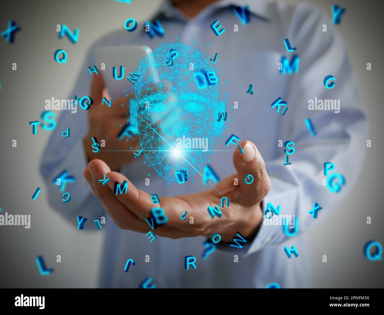 AI speaks letters, text-to-speech or TTS, text-to-voice, speech synthesis applications, generative Artificial Intelligence, futuristic technology in l Stock Photo