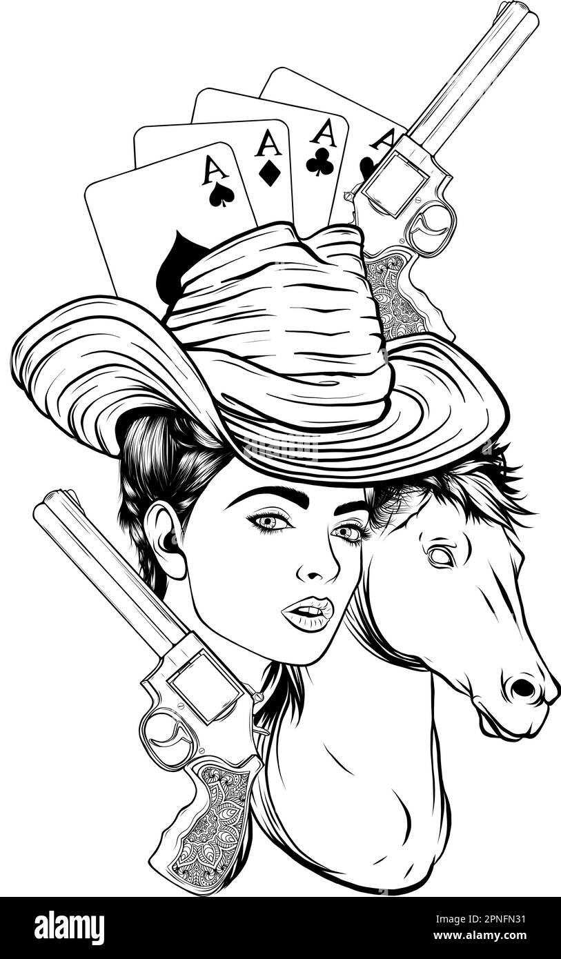 beautiful cowgirl and cowboy wearing hat and horse head black and white