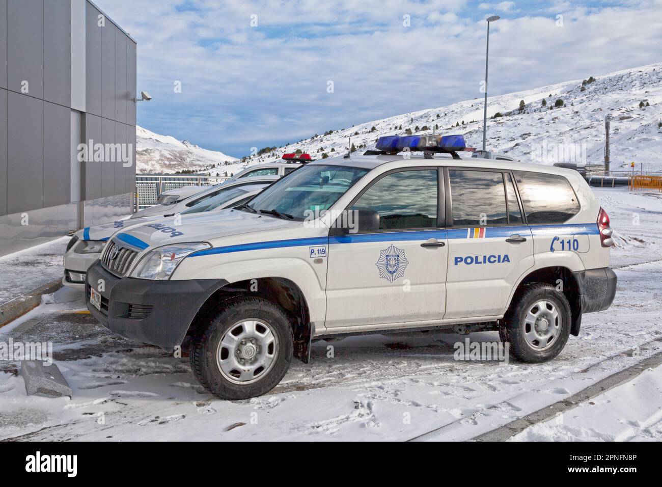 Pas de la Casa, Andorra - November 11 2019: Police SUV parked outside of the police station near the French border. Stock Photo