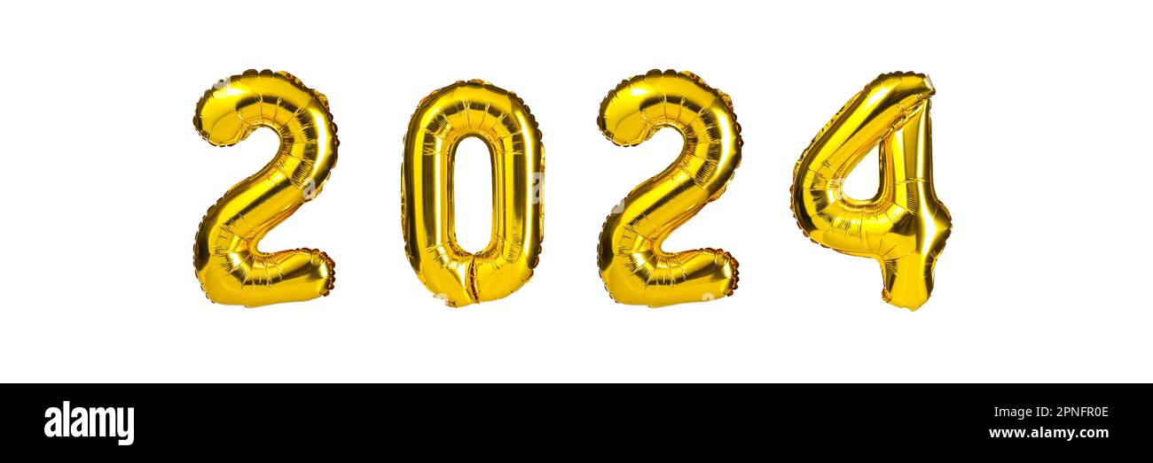 New Year 2024 celebration. Golden Yellow foil color balloons. 2024