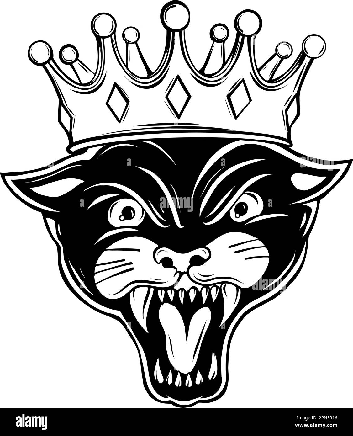 illustration of roaring panther with royal crown black and white vector