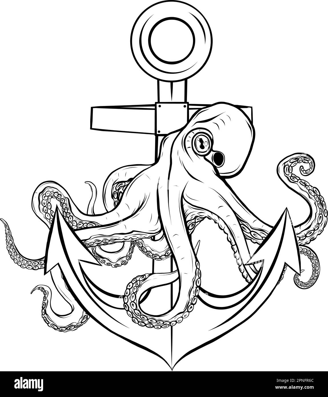 Vintage monochrome octopus and ship anchor isolated illustration, vector Stock Vector