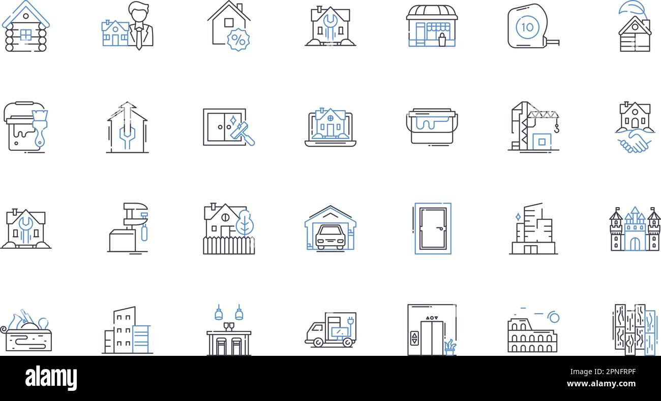 Lodgings line icons collection. Accommodation, Hotel, Motel, Inn, Hostel, Lodge, Resort vector and linear illustration. Guesthouse,Bed and Breakfast Stock Vector