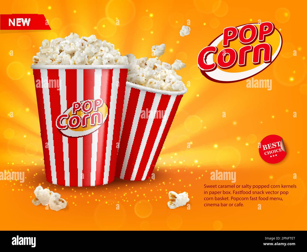 Cinema popcorn buckets poster. Movie theater snack crunchy sweetcorn