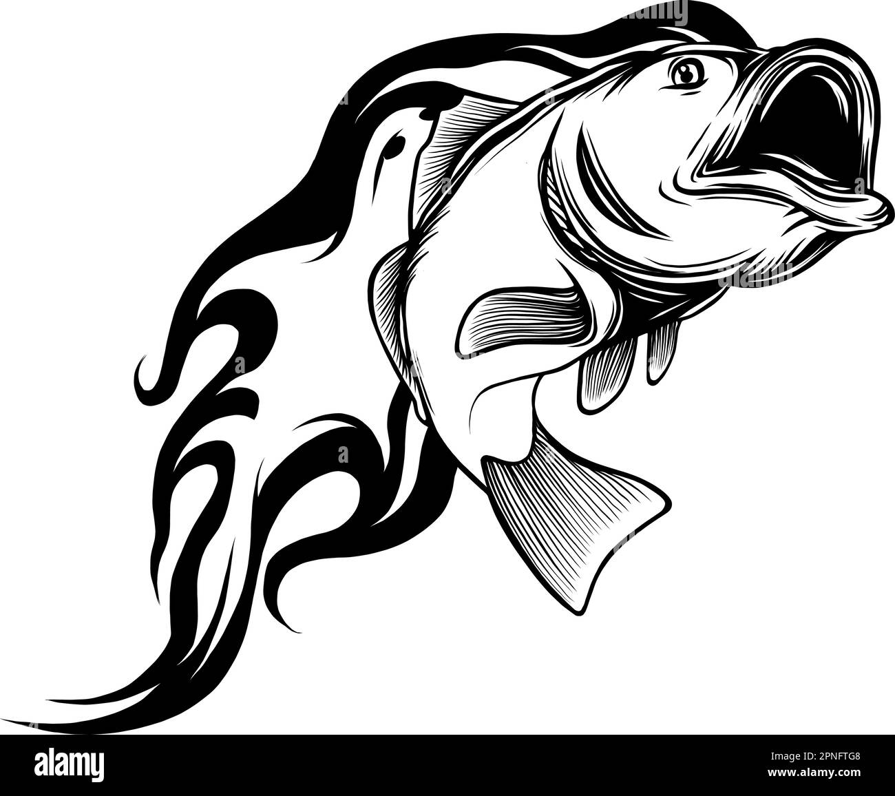 vector illustration of monochrome bass fish with flames Stock Vector