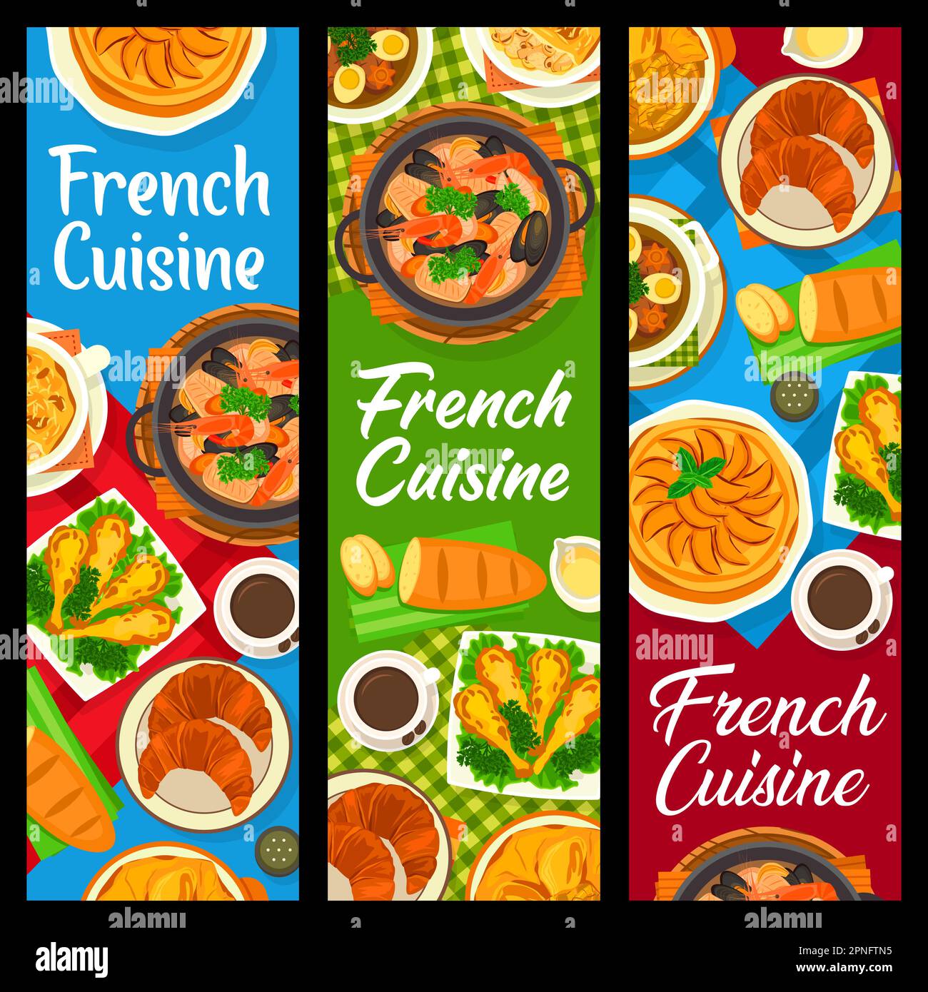French cuisine meals banners with restaurant food, France gourmet dishes, vector menu. French