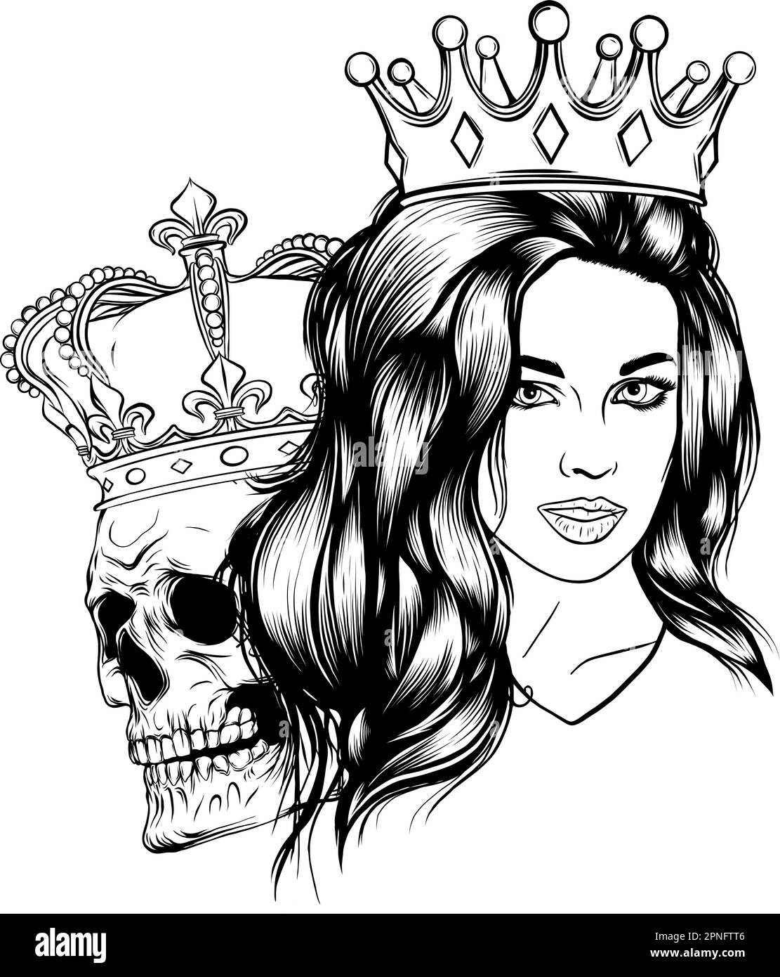 vector illustration of King and queen of death. Portrait of a skull with a crown. Stock Vector