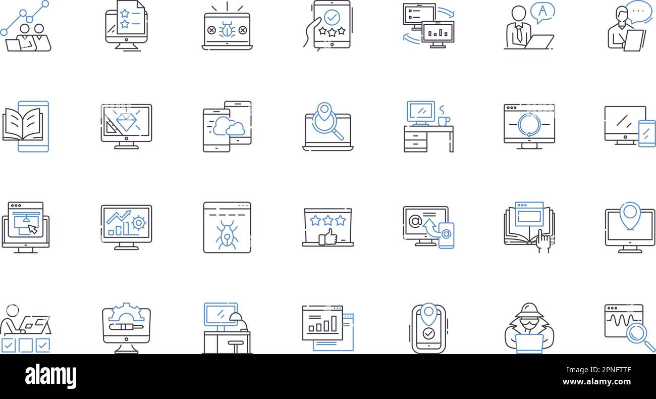 System server line icons collection. Scalability, Reliability, Efficiency, Performance, Redundancy, Stability, Security vector and linear illustration Stock Vector