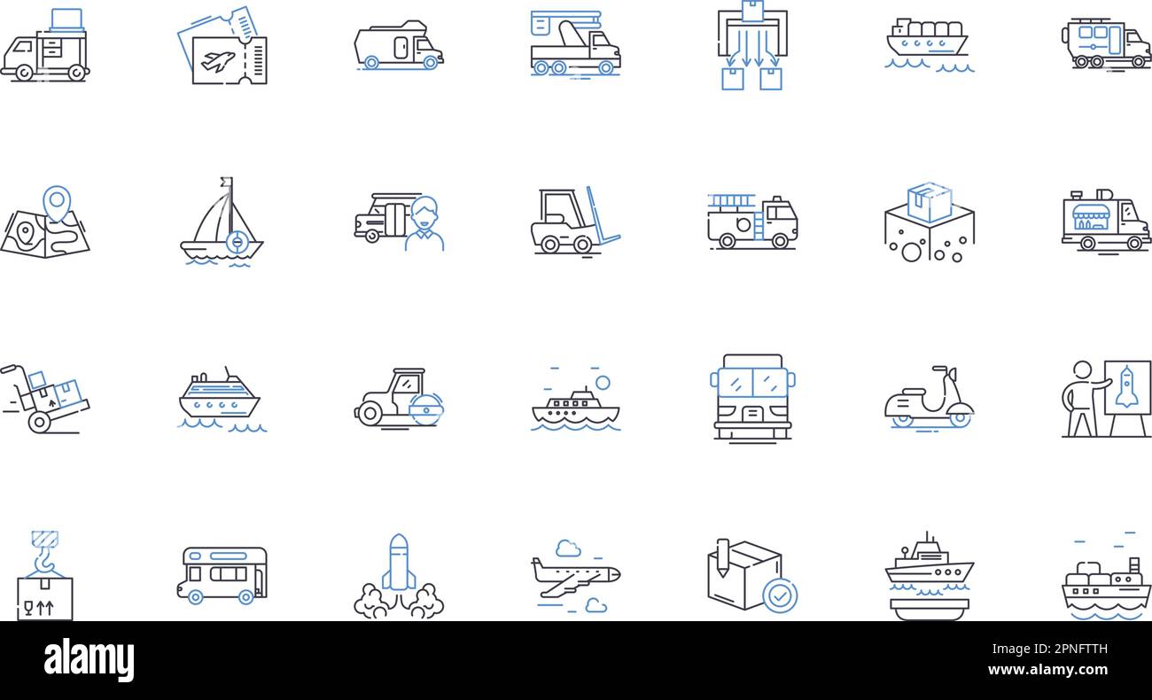 Shipment transfer line icons collection. Logistics, Freight, Transport, Cargo, Delivery, Shipment, Transfer vector and linear illustration. Transit Stock Vector