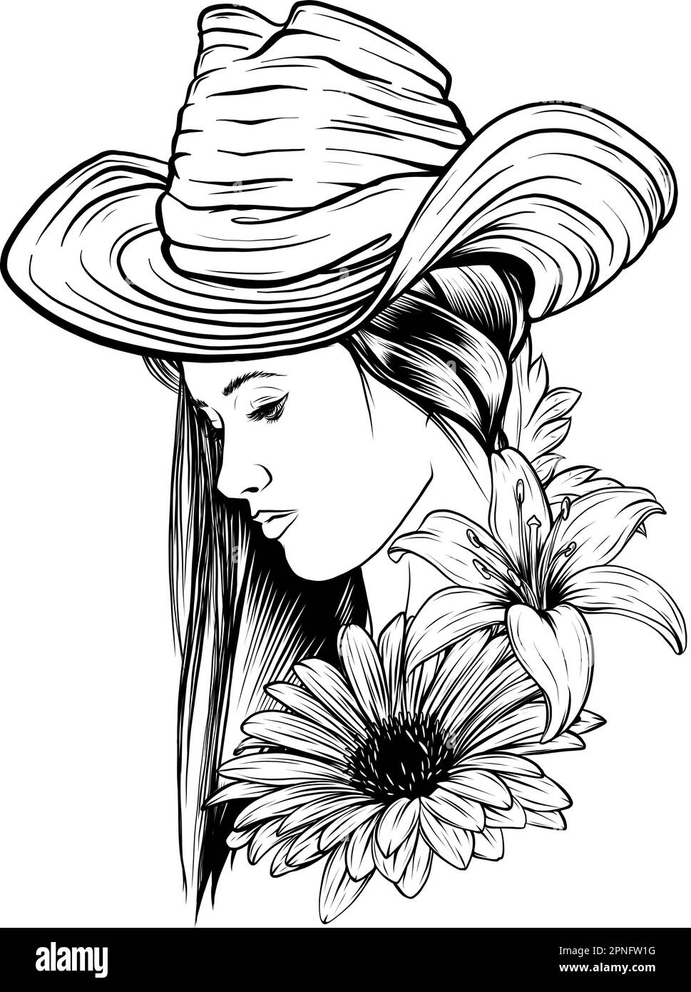 Young woman with a cowboy hat. Cowgirl Vintage engraved style hand drawn vector illustration isolated on white backgrounds. Stylized black and white Stock Vector