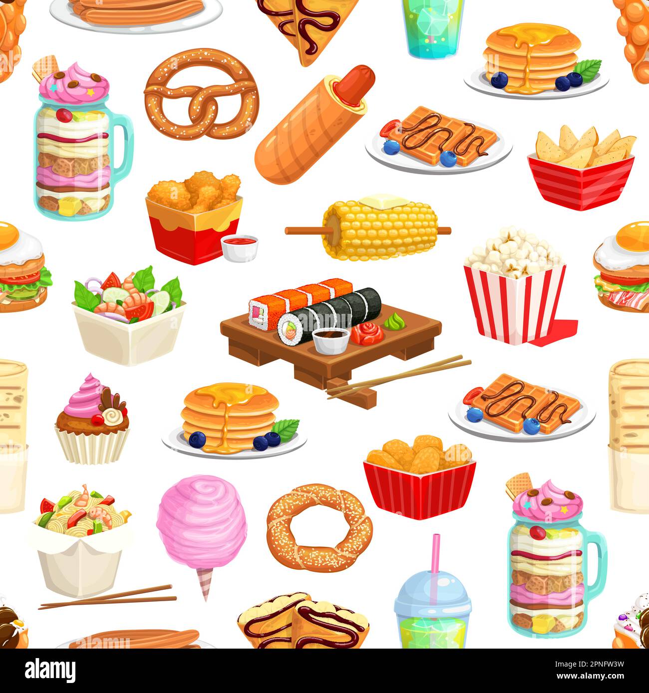 Cartoon fast food seamless pattern. Vector background of egg burger, hot dog, popcorn, chicken