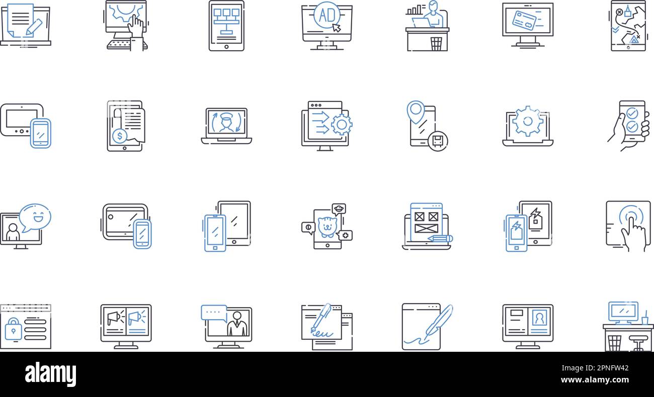E-marketing line icons collection. Conversion, Retargeting, Analytics, Personalization, Engagement, Adwords, Segmentation vector and linear Stock Vector