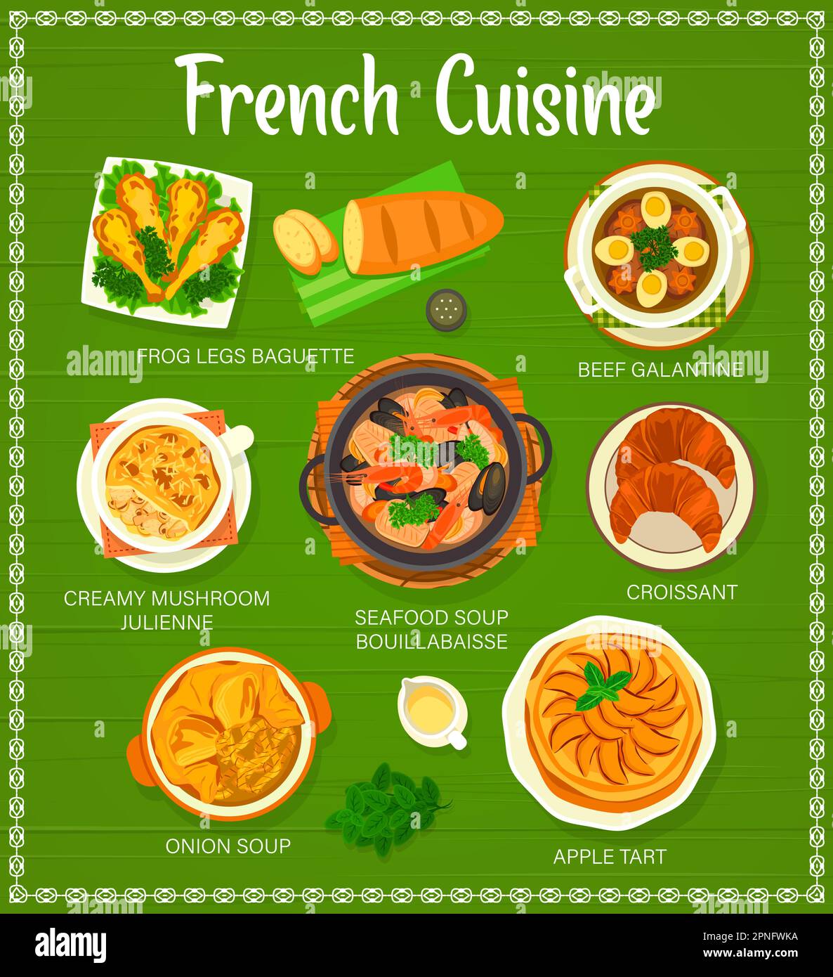 French cuisine menu for restaurant, lunch and dinner dishes of France ...