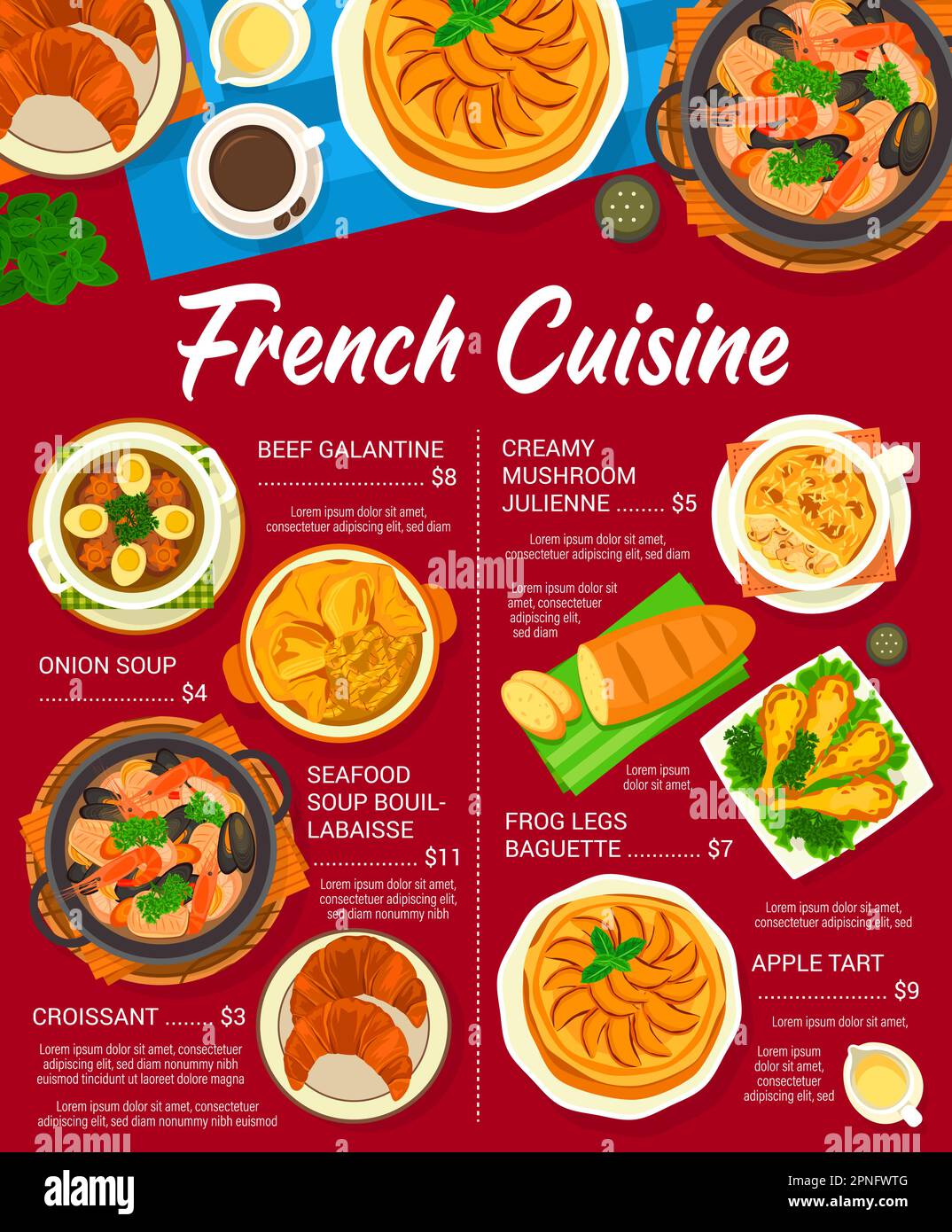 French cuisine menu with France food dishes and meals, vector gourmet lunch and dinner. French cuisine restaurant food, onion and seafood soup bouilla Stock Vector