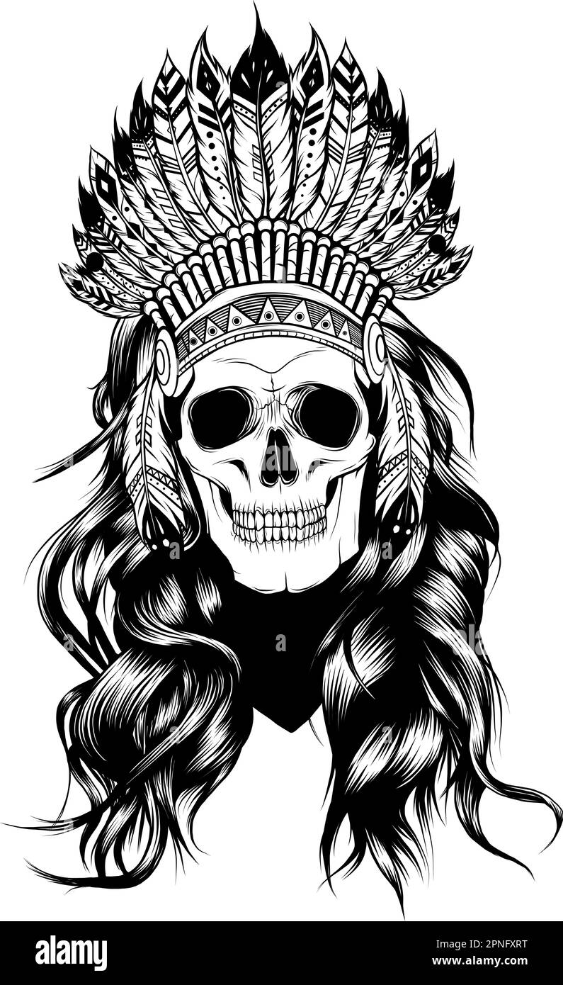 Indian skull with headdress of feathers. The leader of a tribe of