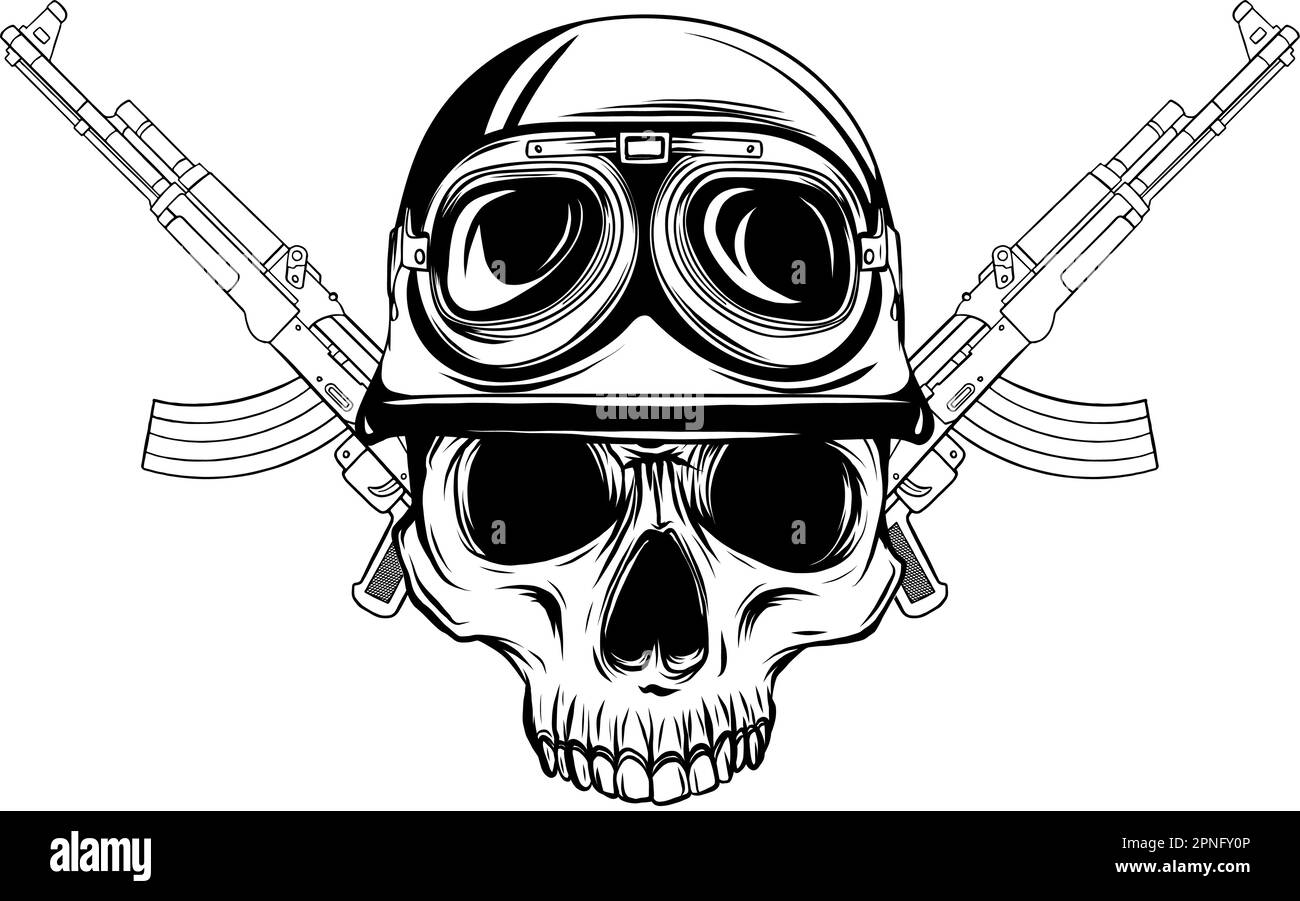 Vintage monochrome soldier skull in helmet and crossed machine guns