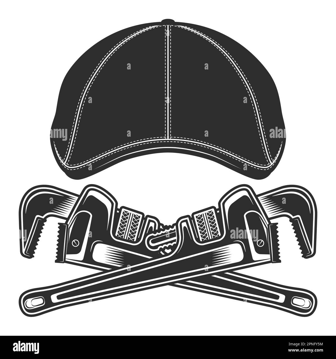 Flat cap gatsby tweed hat with constriction servise repair plumbing adjustable wrench vector vintage illustration Stock Vector