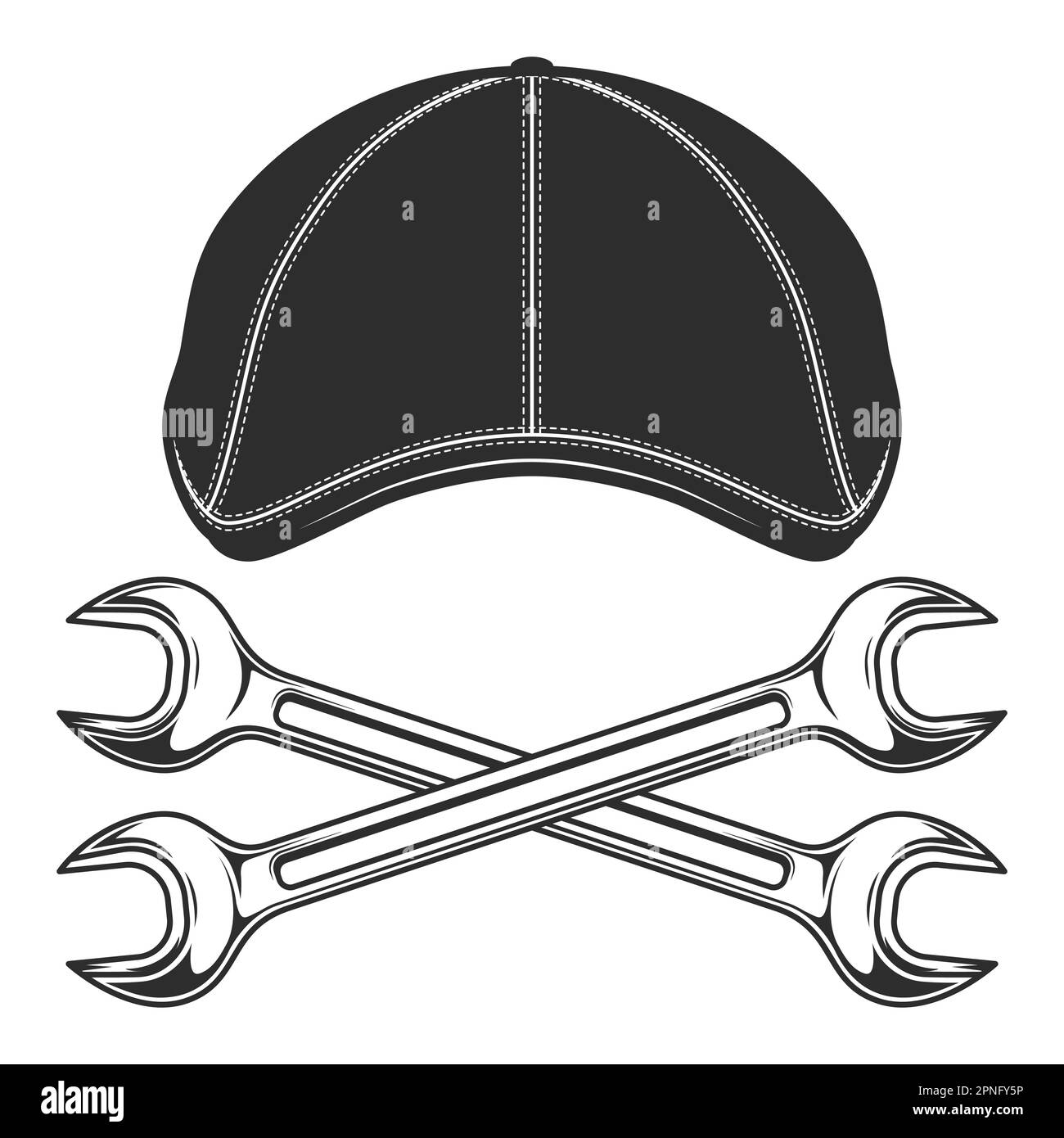 Flat cap gatsby tweed hat with constriction or mechanic service repair spanner wrenvh vector vintage illustration Stock Vector
