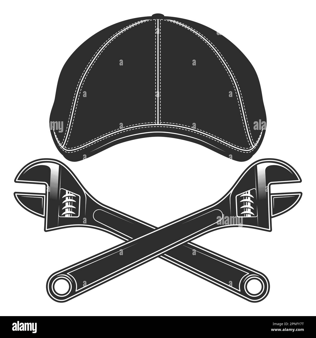 Flat cap gatsby tweed hat with constriction service repair mechanic adjustable wrench vector vintage illustration Stock Vector