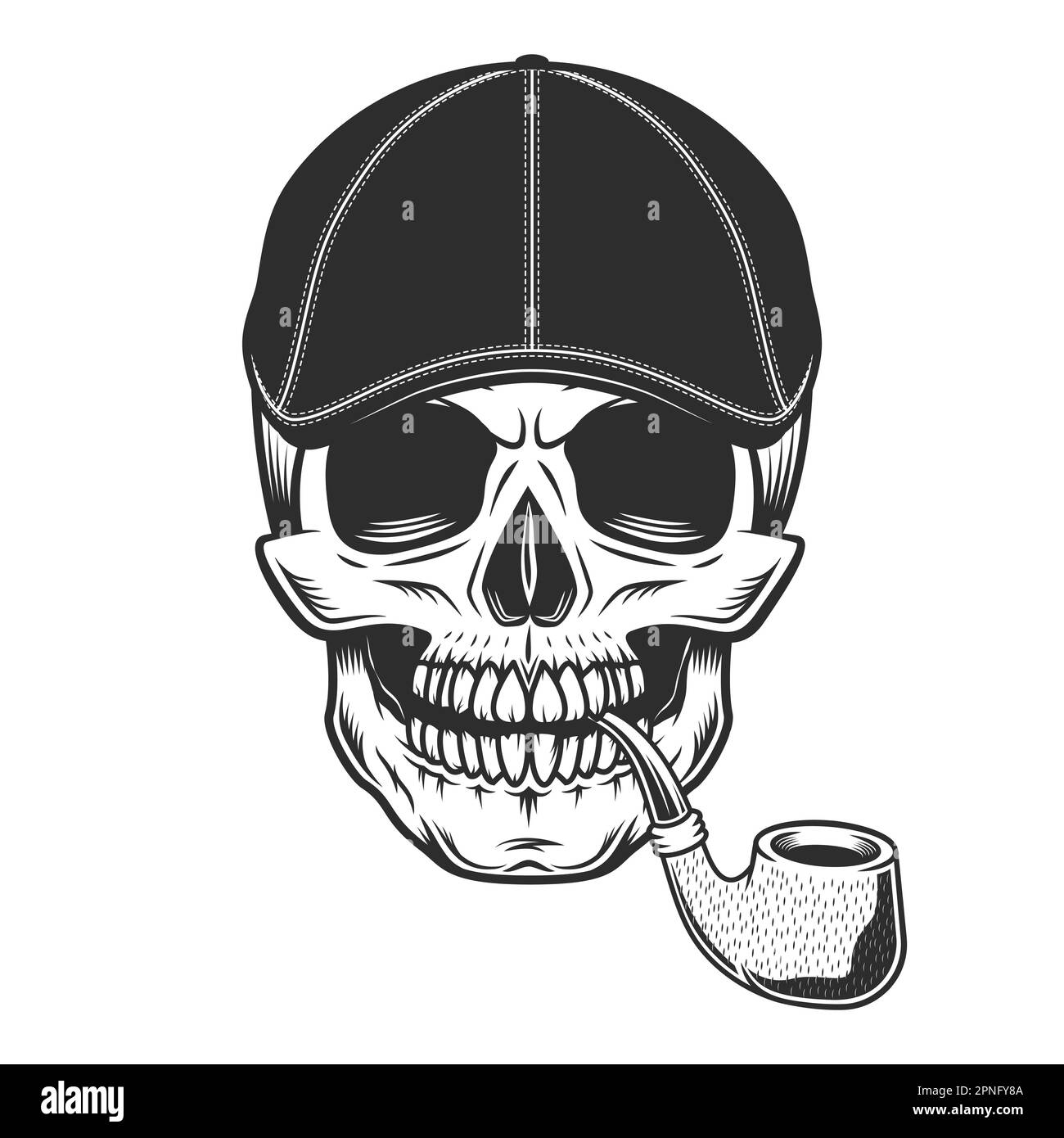 Skull smoking pipe in gangster gatsby tweed hat flat cap vintage illustration Stock Vector