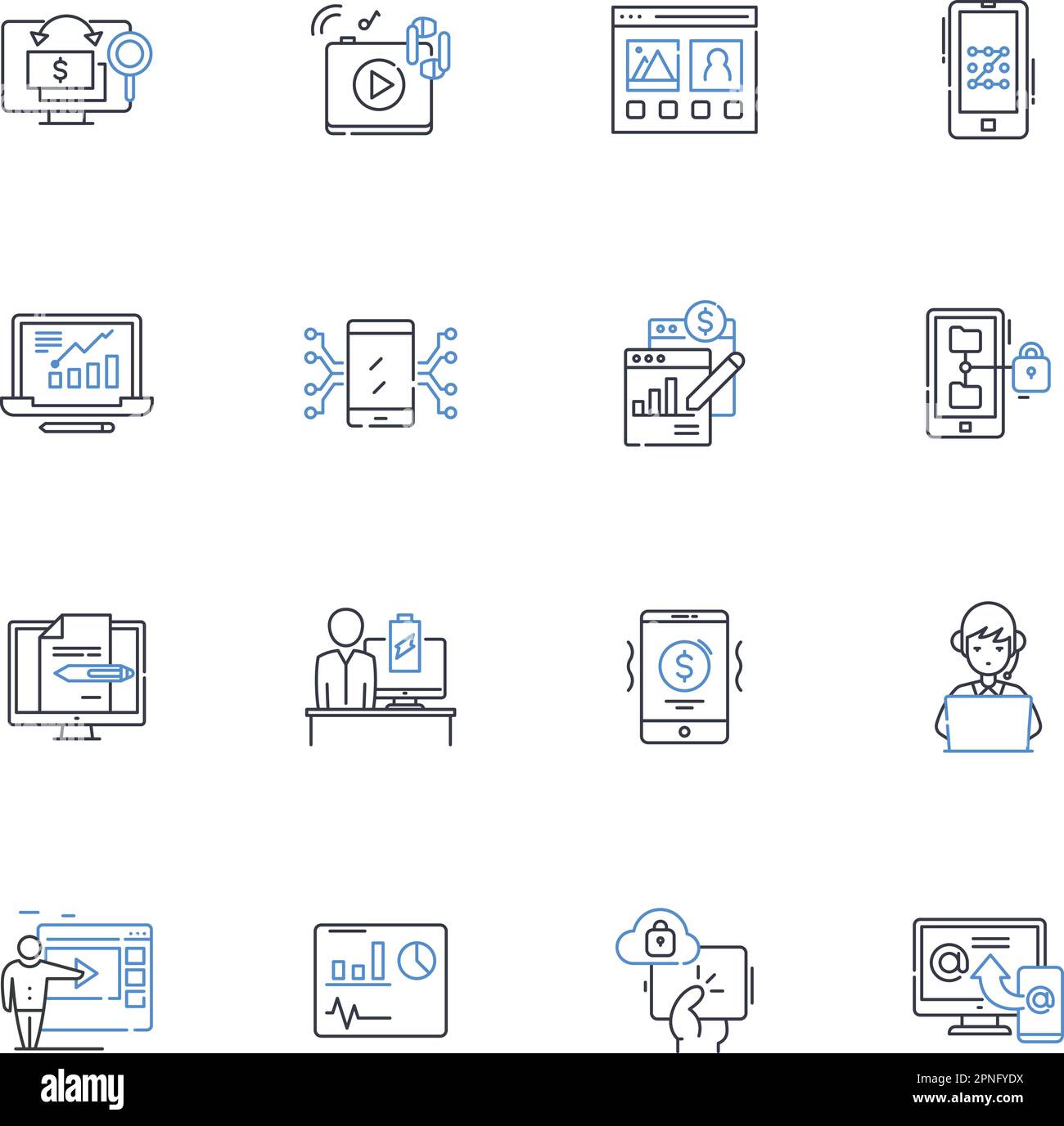 Widgets line icons collection. Customization, Functionality, Design, personalization, Integration, Performance, Interface vector and linear Stock Vector