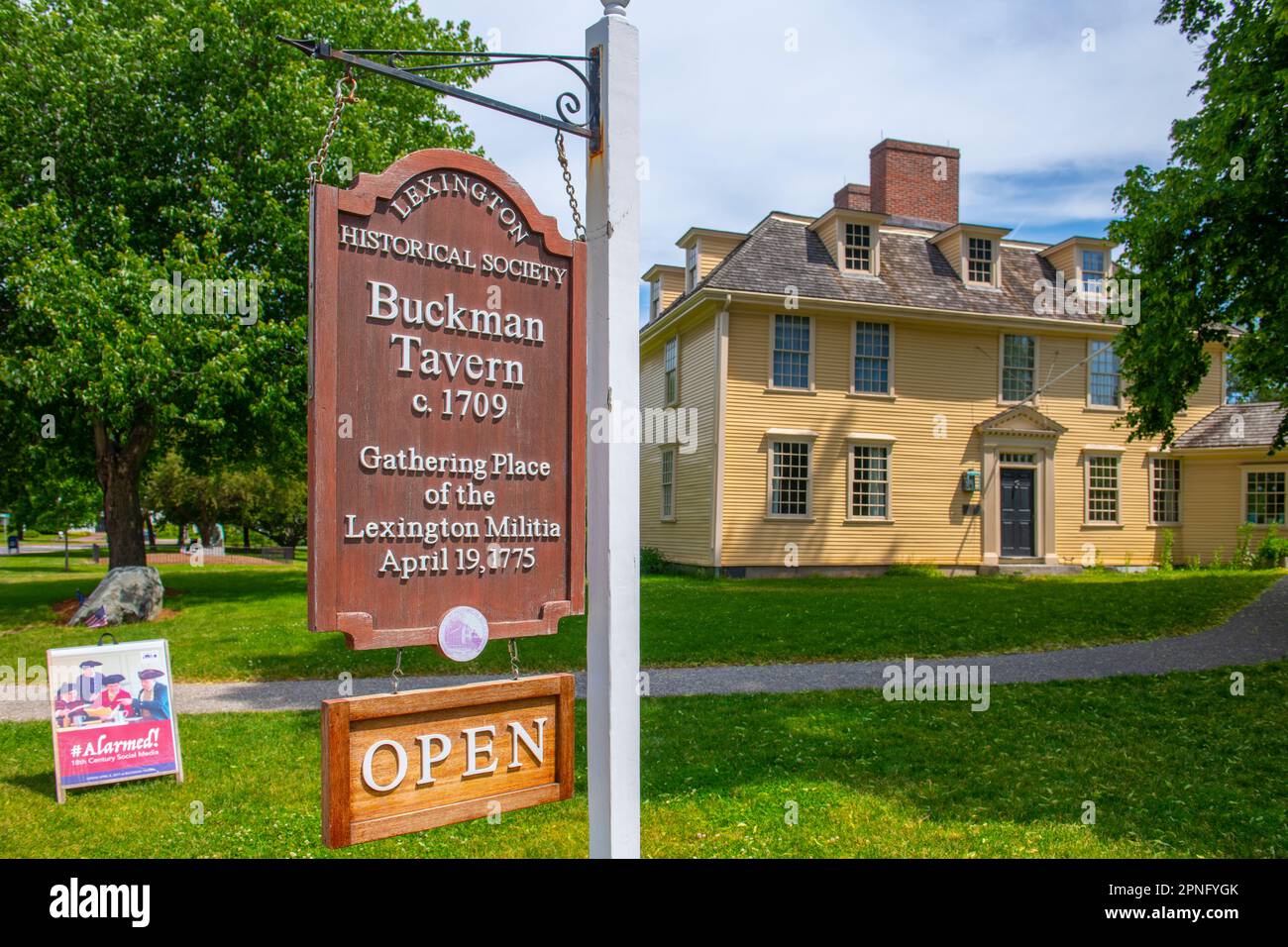 Buckman Tavern is a historic American Revolutionary War site built in 1710 at 1 Bedford Street in historic town center of Lexington, Massachusetts MA, Stock Photo