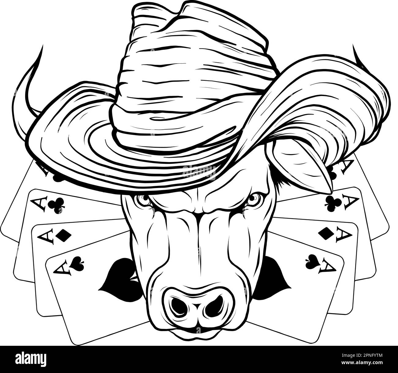 monochrome Cartoon style bull with cowboy hat, animal vector logo. Stock Vector